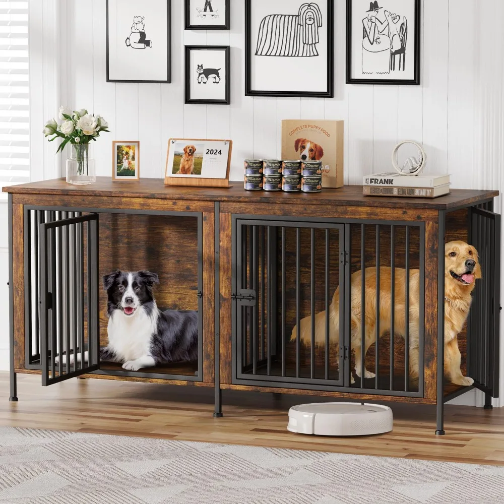 78 Inch Dog Cage Furniture for 2 Dogs, XXL Thick Wooden Dog Crate Furniture TV Stand, Sturdy Dog Kennel Furniture with Divider