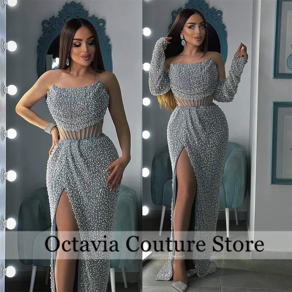 مثير فساتين حفلة موسيقية طويلة زين بريق الترتر الدانتيل فساتين السهرة مع قفازات حورية البحر حزب اللباس مطرز قبالة الكتف