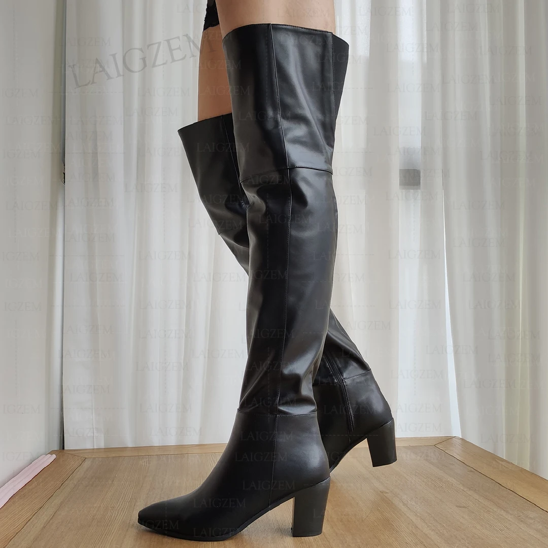 DOHBANER Women Over Knee Boots Real Leather 7.5CM Square Heels Tall Boots Ladies Side Zip Lady Shoes Woman Big Size 36 43 45 46