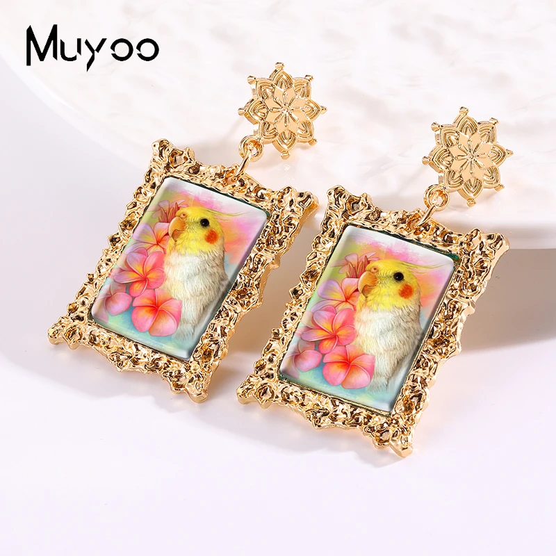 2024 New Arrival Fashion Cockatiel Colorful Parrot Paintings Handcraft Antique Golden Mandala Rectangle Dangle Earrings