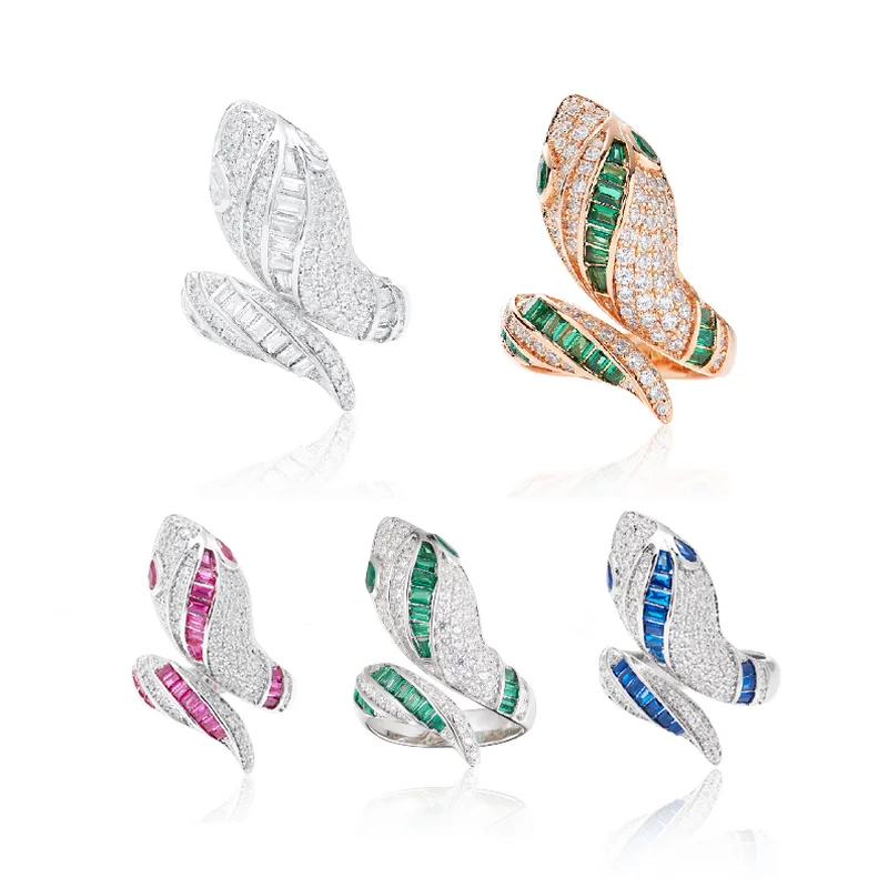 Designer Collection Fashion Style Ring Women Lady Inlay Color Cubic Zircon Plated Gold Color Snake Serpent Snakelike Rings