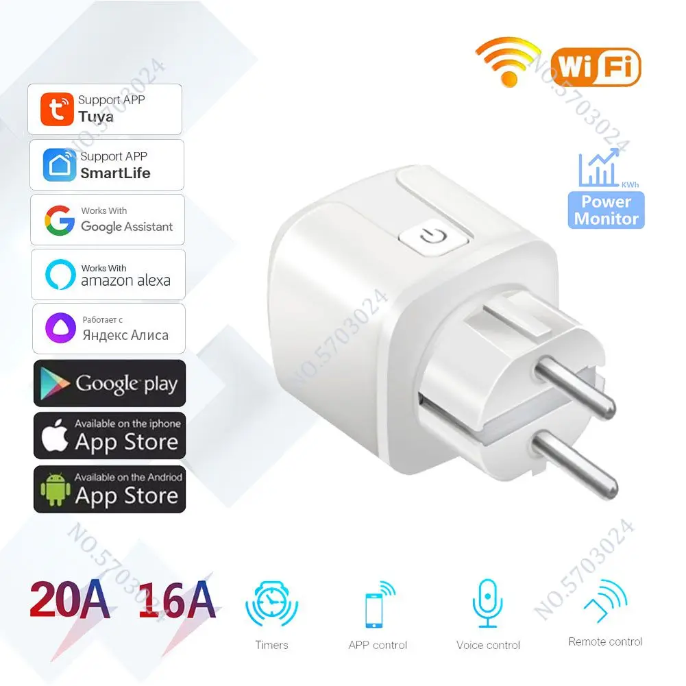 Wifi Smart EU Plug 16A 20A Power Monitor Socket Smart Home Wireless Timer Outlet With Alexa Alice Google Home Tuya Smart Life