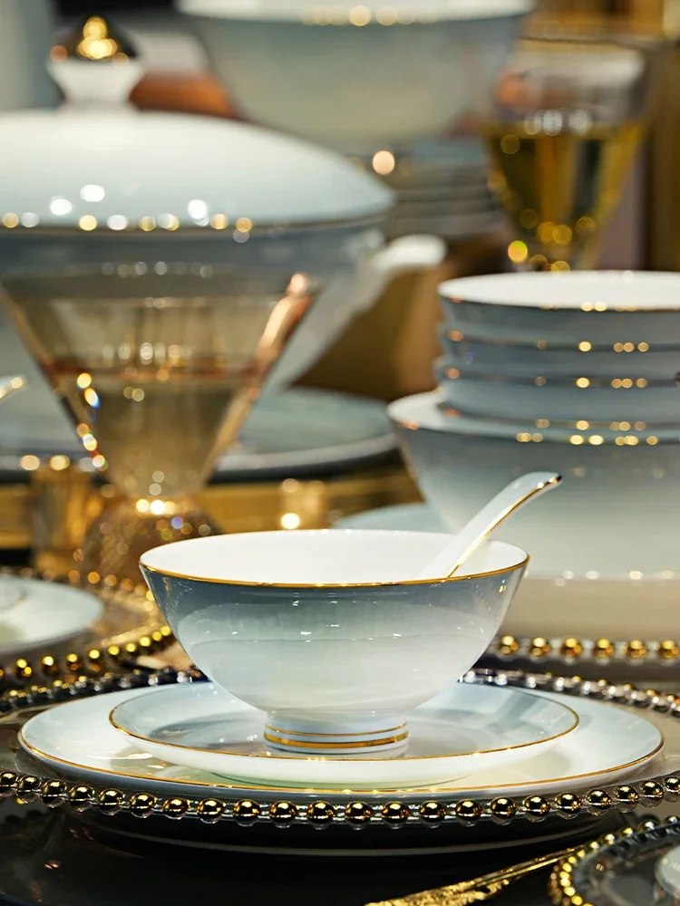 

2023 New Bowl and Dish Set Household Modern Light Luxury Dishes and Bowls of Bone China Solid Color High Sense