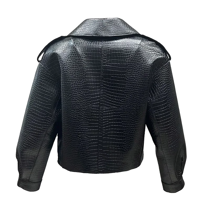 Chaqueta de piel de oveja auténtica para mujer, abrigo de piel con patrón de cocodrilo, ropa de Moto de gran tamaño, S7547A, 2023