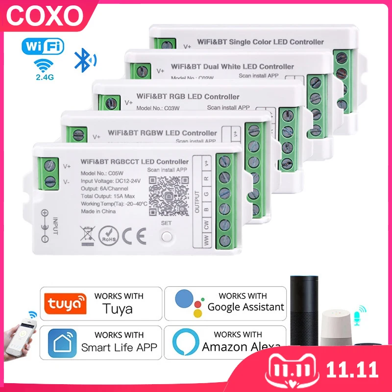 Tuya WiFi LED 컨트롤러 Alexa Google 홈 음성 제어 RGB RGBW CCT LED 스트립 스마트 컨트롤러 APP BT RF 원격 2.4G DC12V-24V