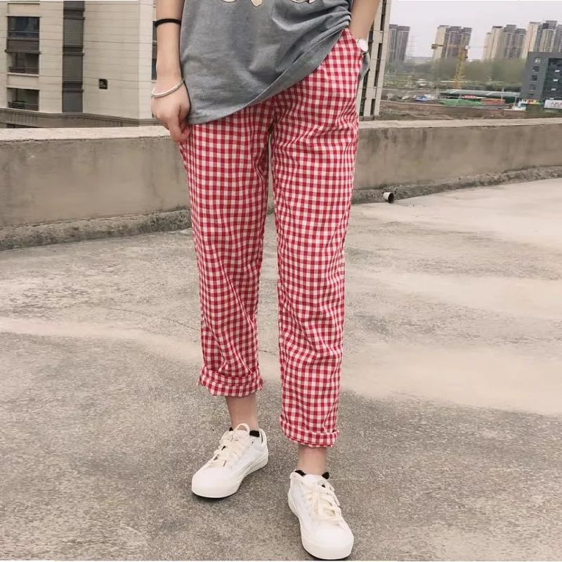 

2023 Cotton Linen casual loose Vintage Plaid Harem Pants Harajuku Woman Trousers Elastics High Waist Pants Korean Straight Pants