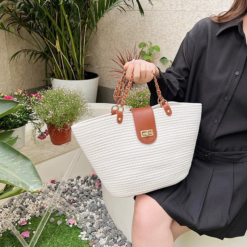 WBS 2024 New Fashion Large Capacity Commuter Bags  for Women Linen Shoulder Bag Summer Seaside Beach Woven Bag Vacation Handmade