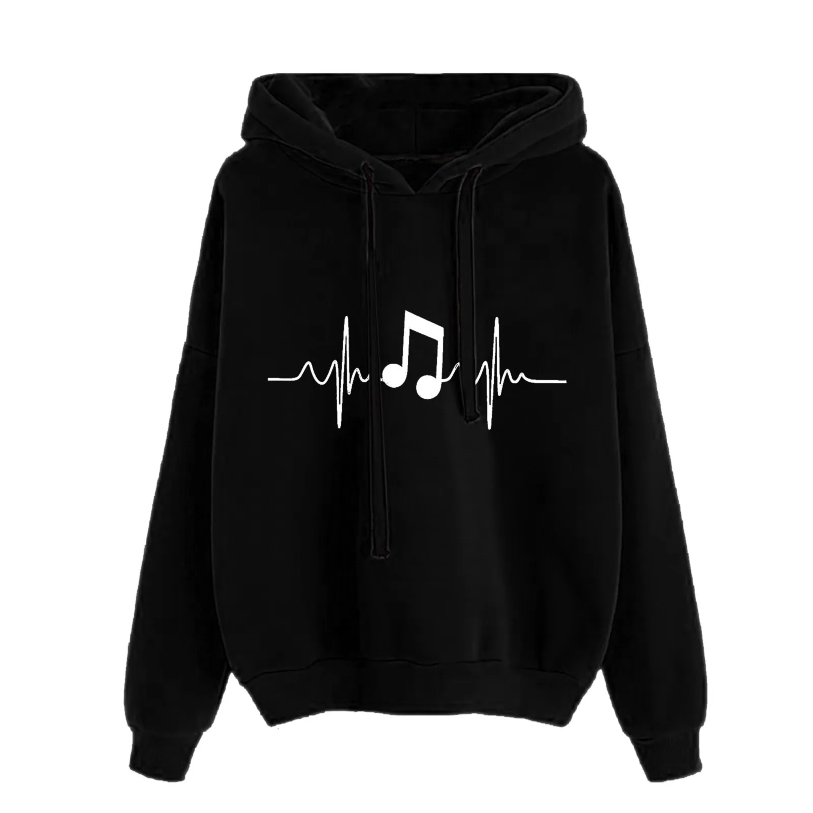 Ladies Round Neck Long Sleeve Musical Note Print Solid Color Hooded Sweatshirt Fashion Loose Long Sleeve Top Womens Zip Sweater