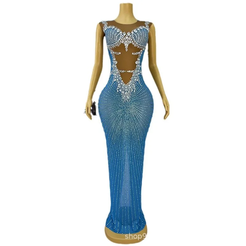 فاخر الأزرق حجر الراين حورية البحر الورك التفاف فستان حورية البحر الكبار نموذج المنصة الملابس العصرية شركة الاجتماع السنوي فستان رداء Fête #4