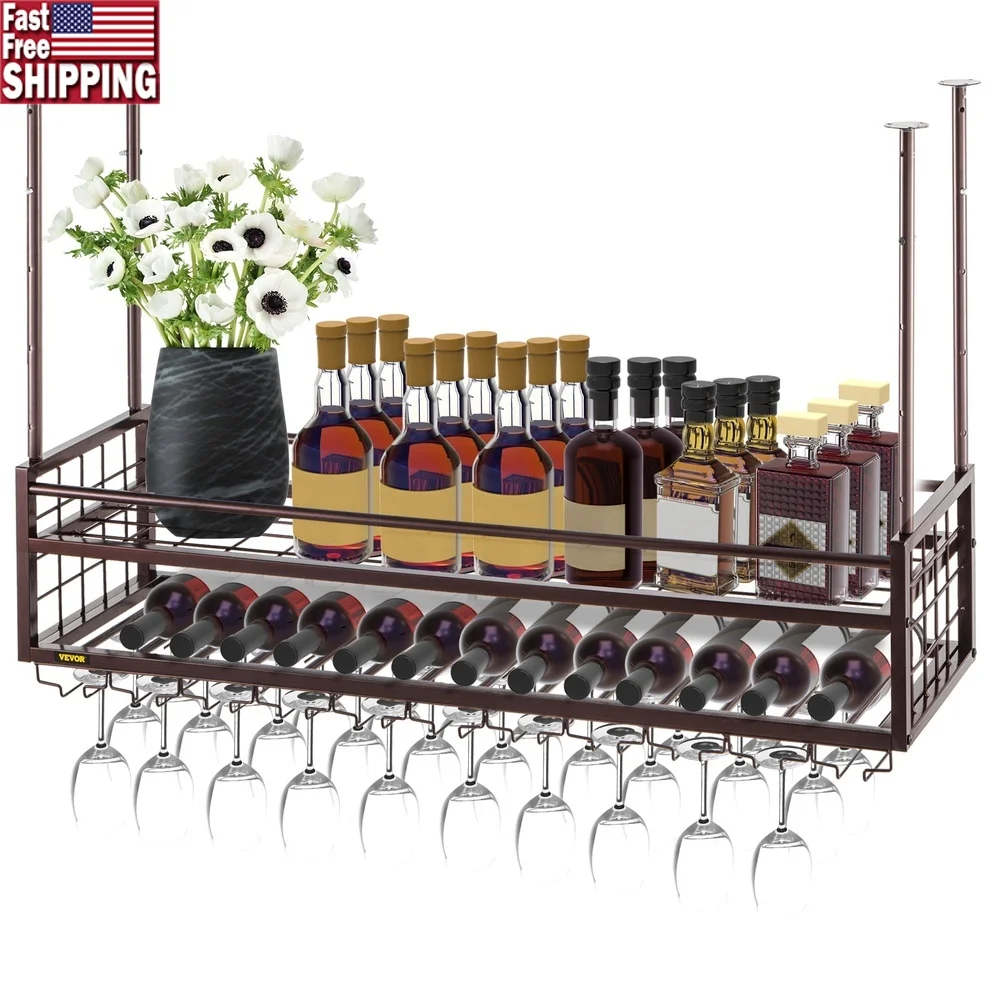 

Ceiling Wine Glass Rack Adjustable Height 18.9-35.8 inch 33 lbs Load Capacity Multifunctional Storage Home Bar Restaurant