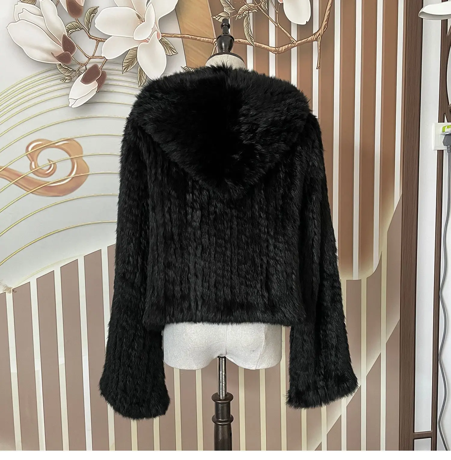 Long Sleeve Casual Loose Knitted Real Rabbit Fur Hooded Coat Women Genuine Natural Rabbit Fur Outwear Female Fur Jacket