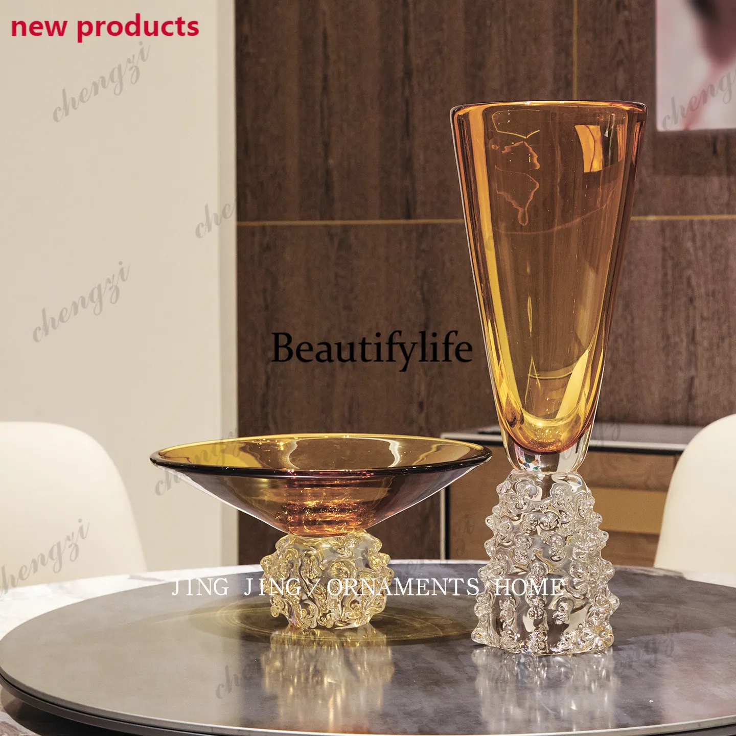 f182 Light luxury amber tall wine glass vase ornament, flower arrangement, living room, coffee table, dining table, flower vesse