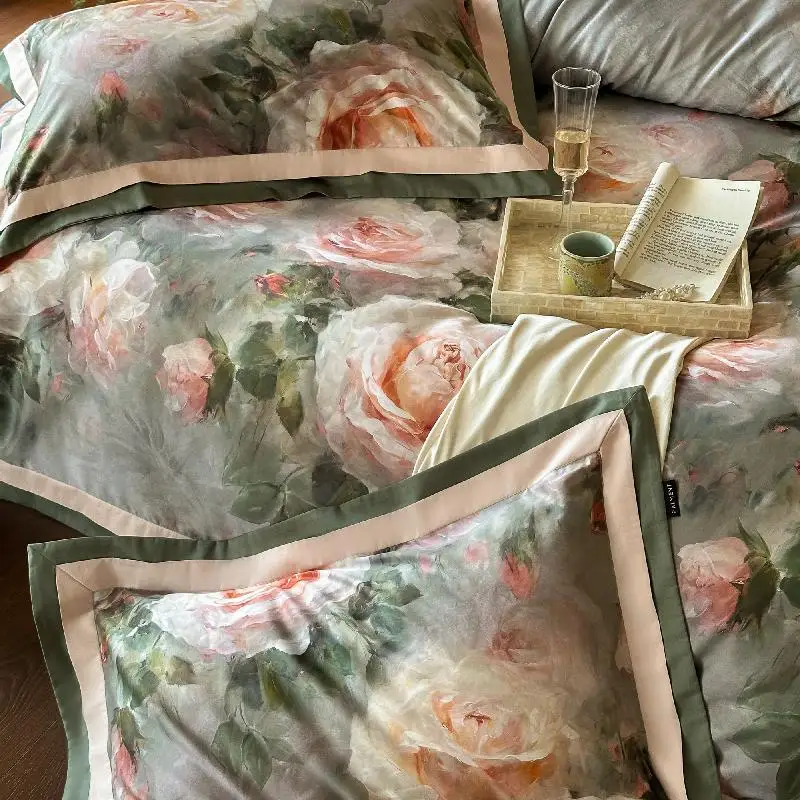 Vintage Rose Oil Printing Style, Luxury Bedding Set, 1000TC Egyptian Cotton, Soft Silky Duvet Cover Set, Bed Sheet, Pillowcases