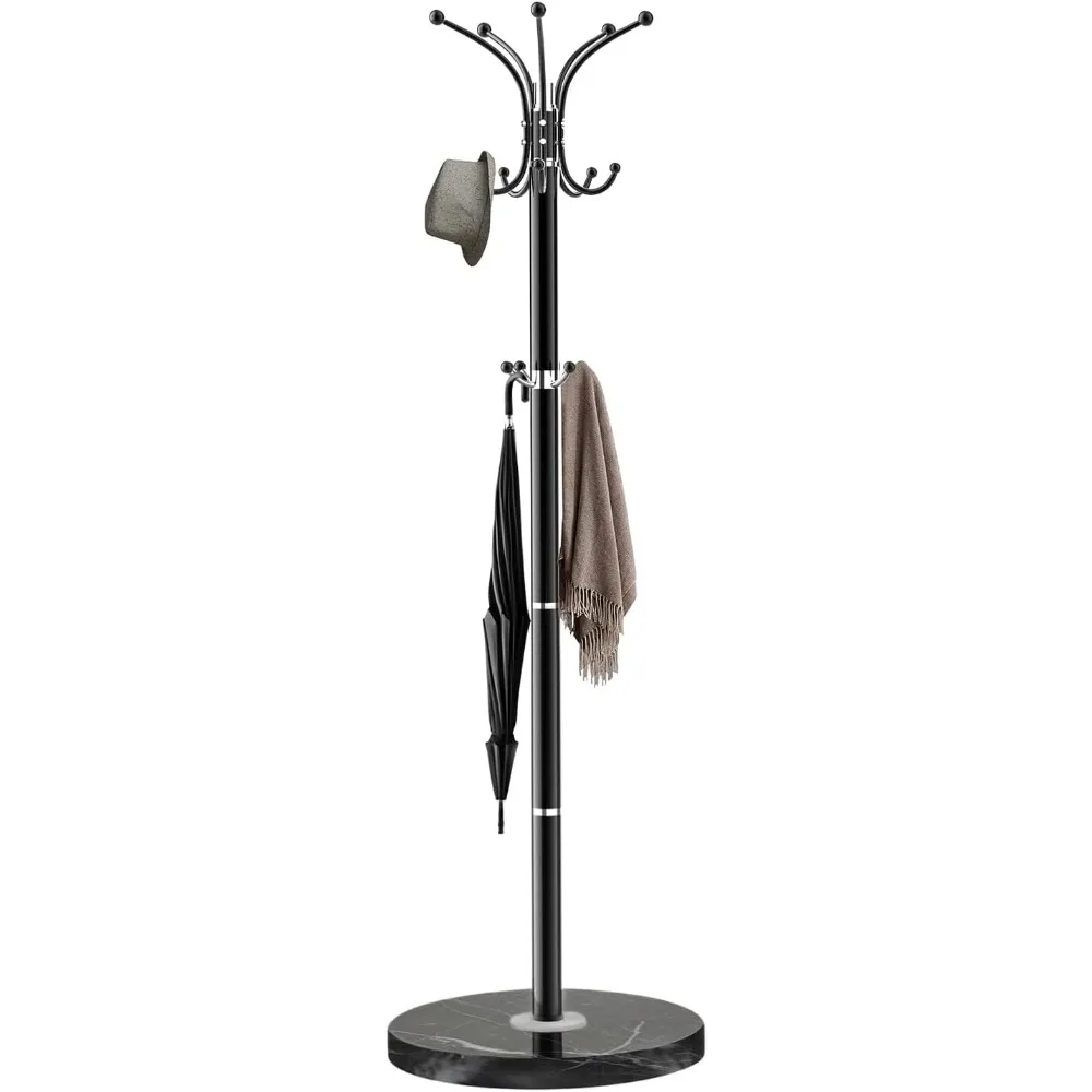 Metal Coat Rack Stand, Modern Coat Rack Freestanding with Natural Marble Base, 360° Rotary Design Coat Racks with 14 Hooks