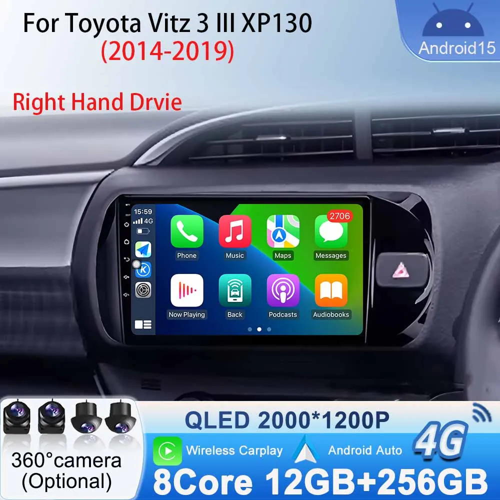 Android 15 Right Hand Drvie for Toyota Vitz 3 III XP130 2014 - 2019 Car Radio Multimedia Player Stereo GPS Navigation BT Carplay