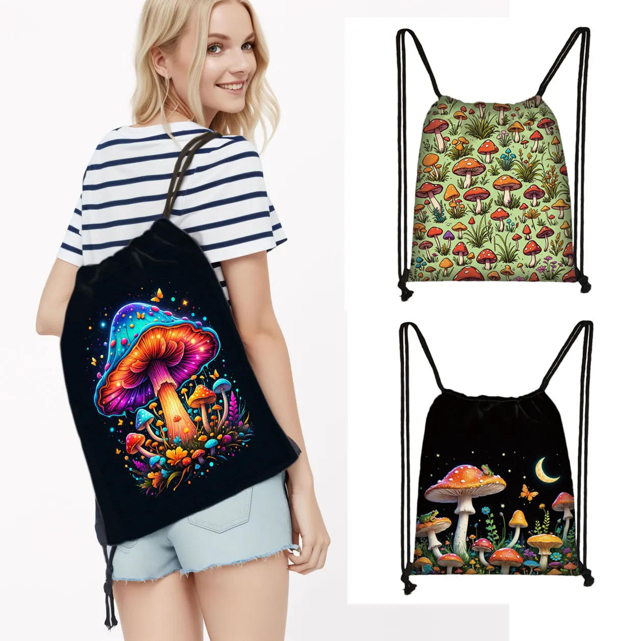 Fantasy Mushroom Print Drawstring Bag Women Large Capacity Storage Bags for Travel Casual Backpack Teenager Shoes Bag