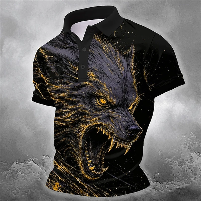 2026 Men's Fashionable Casual Collared T-Shirt Short-Sleeve Button-Down with Roaring Wolf Print Men's Halloween Party Polo Shirt