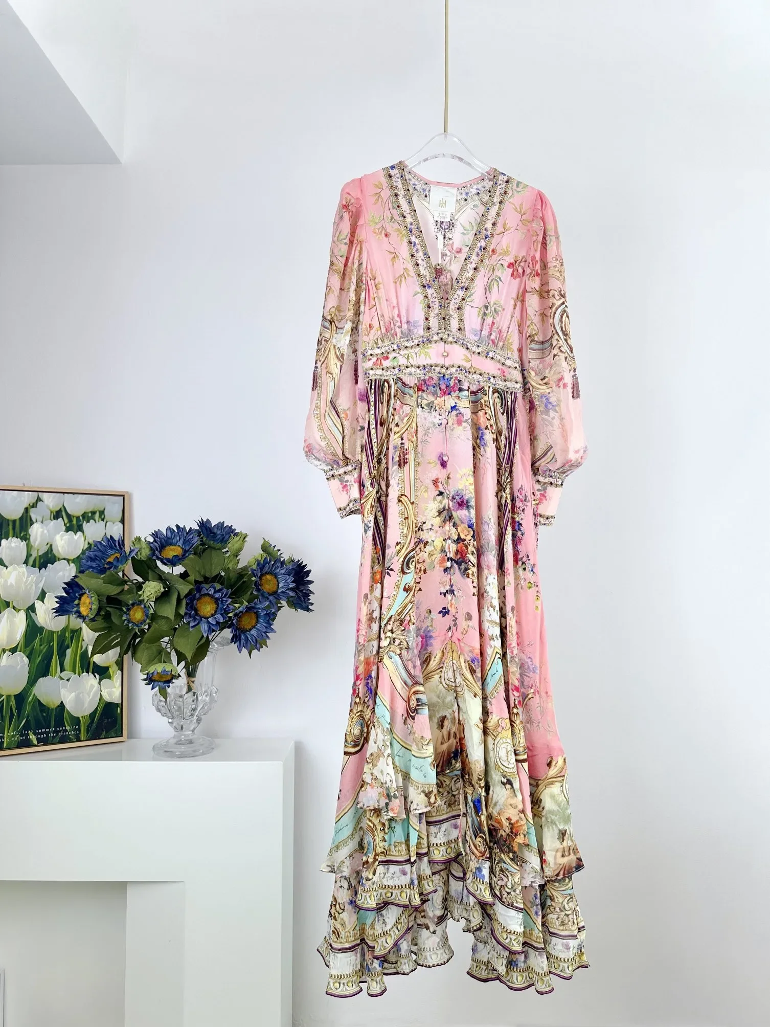 Women's Vintage Flower Printed Deep V-Neck Beaded Long Sleeve Maxi Dress