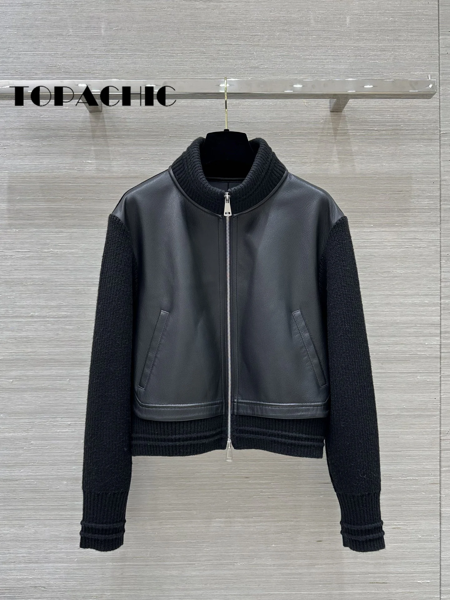 9.1 TOPACHIC-Women High Quality Coarse Yarn Knit Long Sleeve Spliced Genuine Leather Jacket Casual Straight Sheepskin Zipper