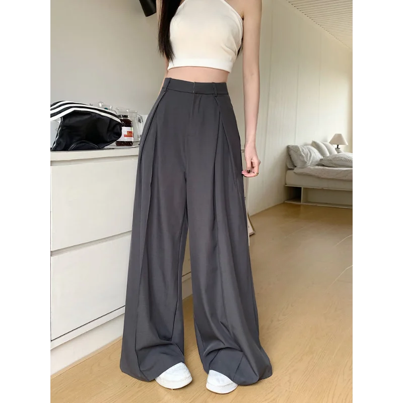 Damen-Hose mit hoher Taille und weitem Bein, lockere, bequeme Freizeithose mit Falten