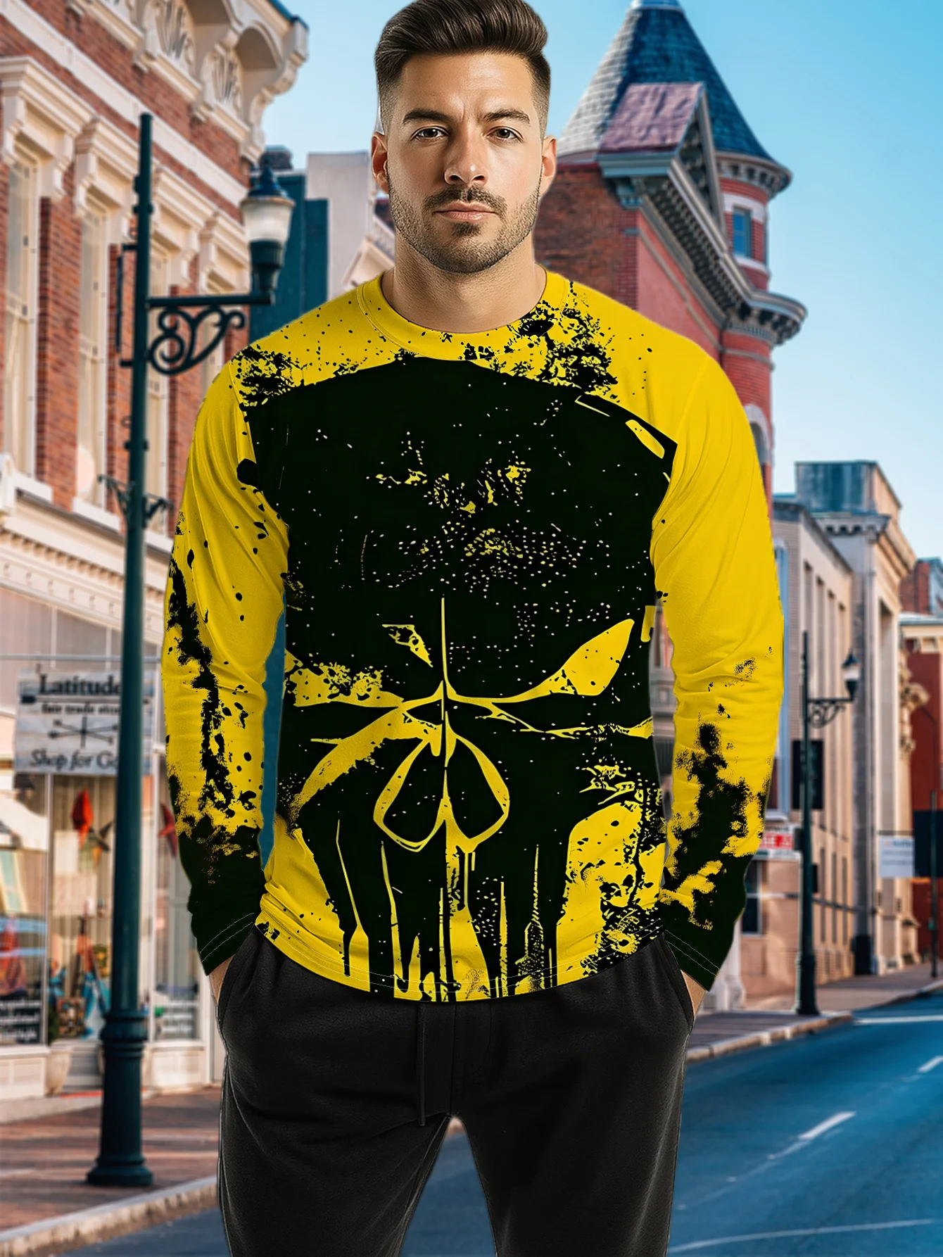 Men Halloween Yellow Black Splatter Skull Graphic Long Sleeve T‑Shirt 3D Print Crew Neck Casual Pullover Streetwear Tops