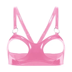 Sexy Open Cup Bra Lingerie for Womens Wet Look Patent Leather Open Nipple Exposed Breasts Bra Exotic Latex  Bralette Clubwear