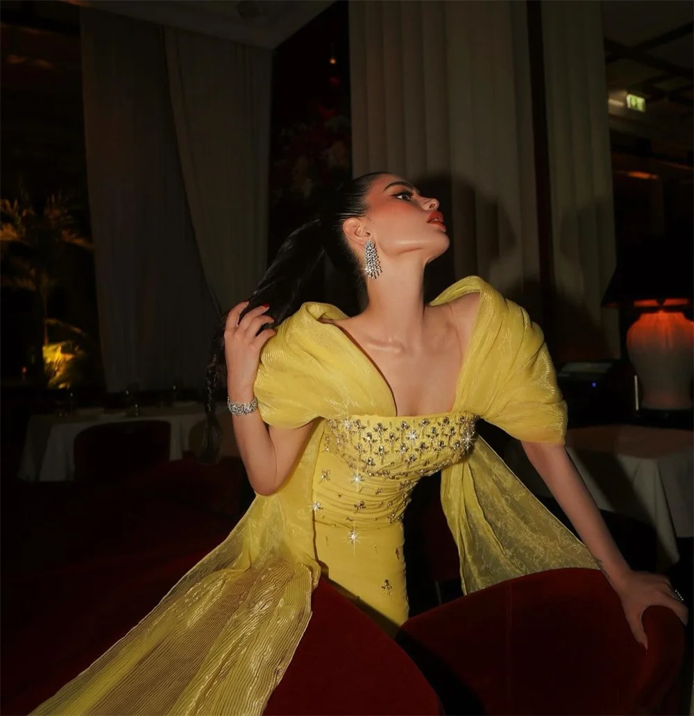 Customized Saudi Arabia Evening Dress Prom Shoulder Girdle Sheath Floor Length Sequin Skirts Stole Hugging Tulle Bead Bespoke Oc