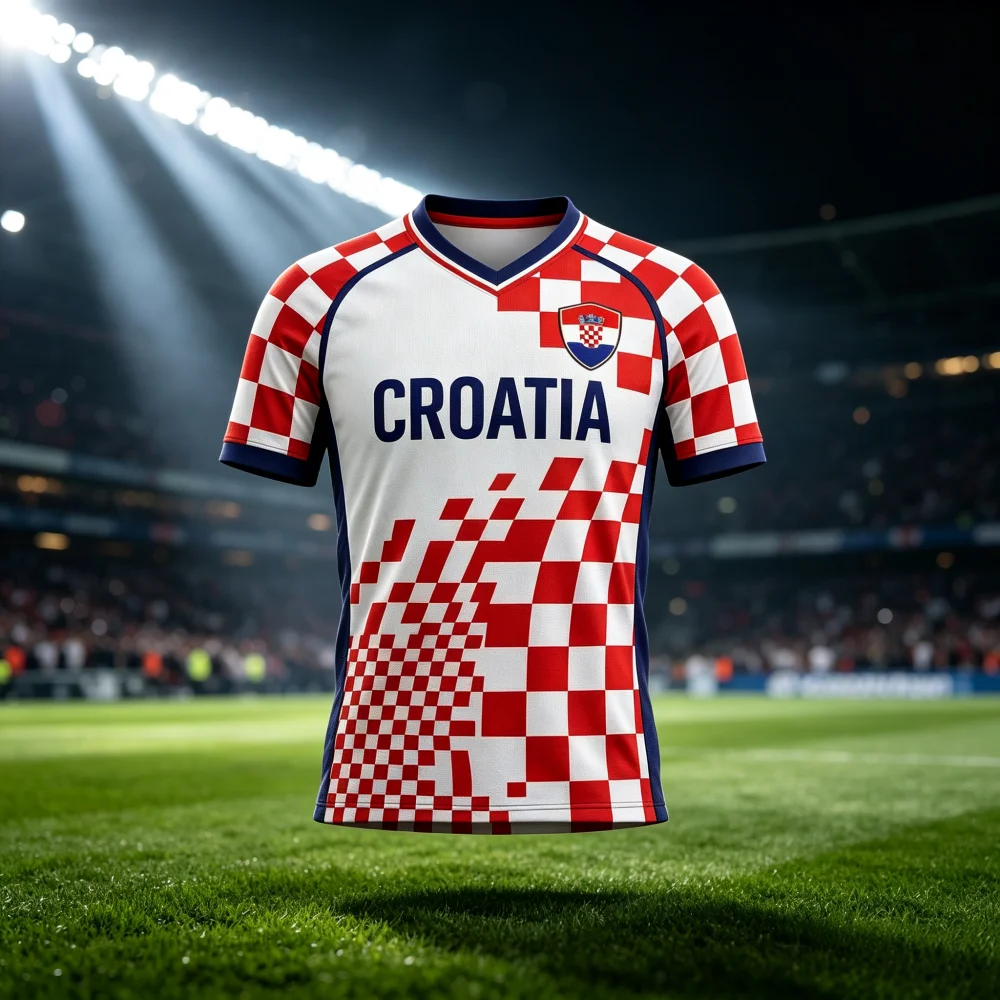 Croatia Soccer Fan Jersey Red White Checkerboard Graphic V‑Neck Short Sleeve 3D Printed T‑Shirt Men Women Family Kids Matching