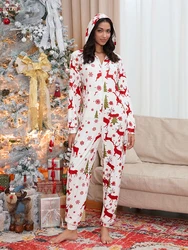 Women's Fleece Christmas Pajamas Jumpsuit Reindeer Print Long Sleeve Hooded Nightwear with Pockets for Winter Fall