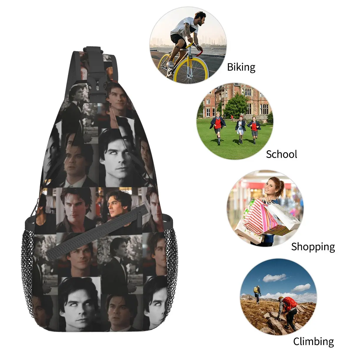 De Vampire Diaries Sling Bag Borst Crossbody Schouder Sling Rugzak Outdoor Wandelen Daypacks Damon Salvatore Gedrukt Pack