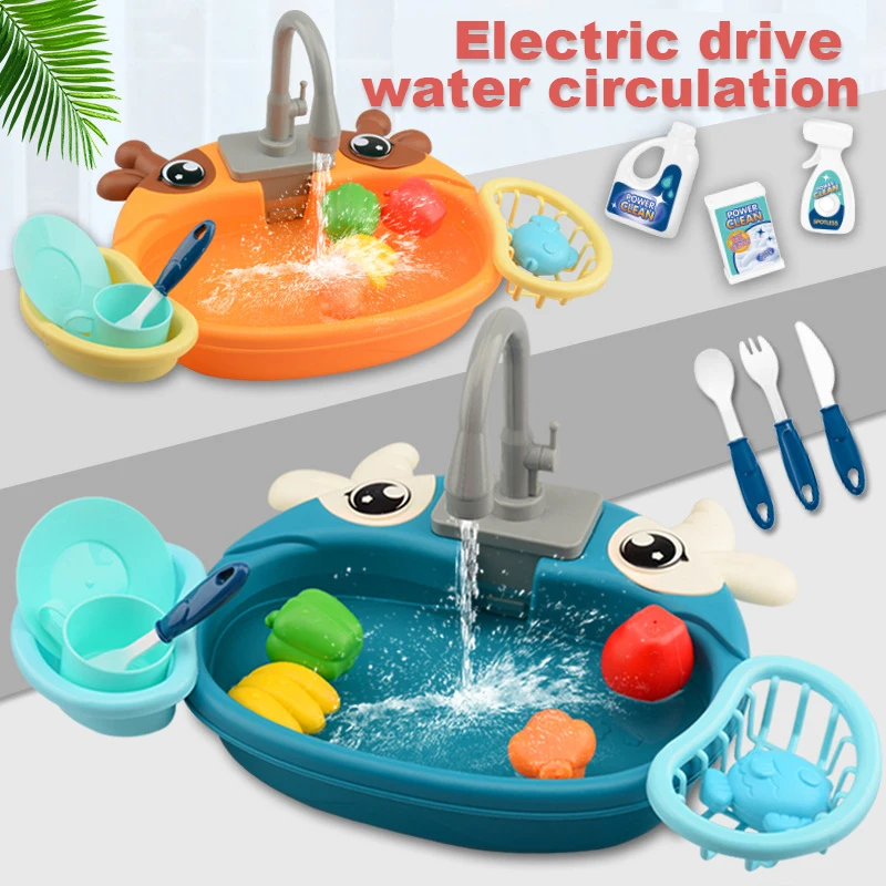 Play House Toys Pretend Play Electric Water Out Children's Kitchen Wash Basin Sink Kids Kitchen Set Toy For Boys Girls Kids Gift