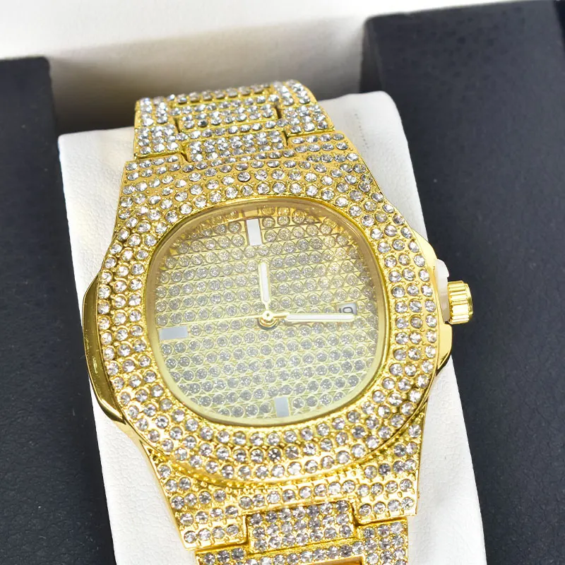 Orologio da donna in oro popolare Hiph-op pieno artificiale Biamond Avantgarde orologio al quarzo alla moda orologio e scatola dell'orologio vestito regalo di festa