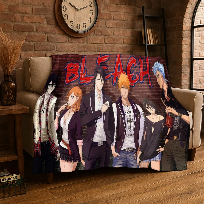 Retro Bleach Anime Kurosaki Ichigo Cartoon Flannel Blanket Soft Warm Throw Blanket for Bedroom Living Room Bed Travel Picnic