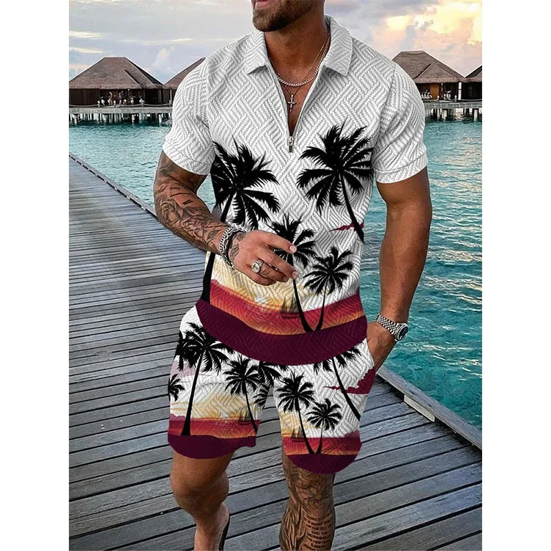 Hawaii Men Tracksuit 3D Print Beach Polo Shirts Shorts Sets 2 Pieces Man\'s Oversized Short Shirt Pants Set Suits Men Clothing