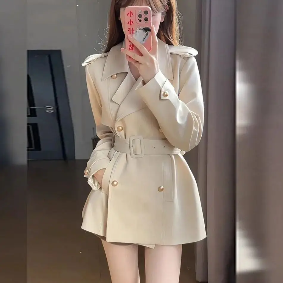 2027 New Women Apricot Short Trench Dress Coat Oversized Lapel Gold Button Waist Tie Belt Casual Street Windbreaker
