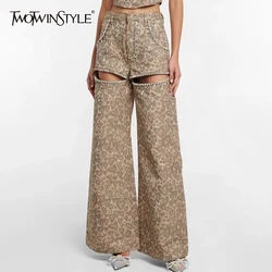 Pantalones informales de estilo TWOTWINSTYLE de bloques de colores con diseño de Patshwork de diamantes para mujer, de cintura alta, con bolsillos y ahuecados, Vaqueros informales para mujer