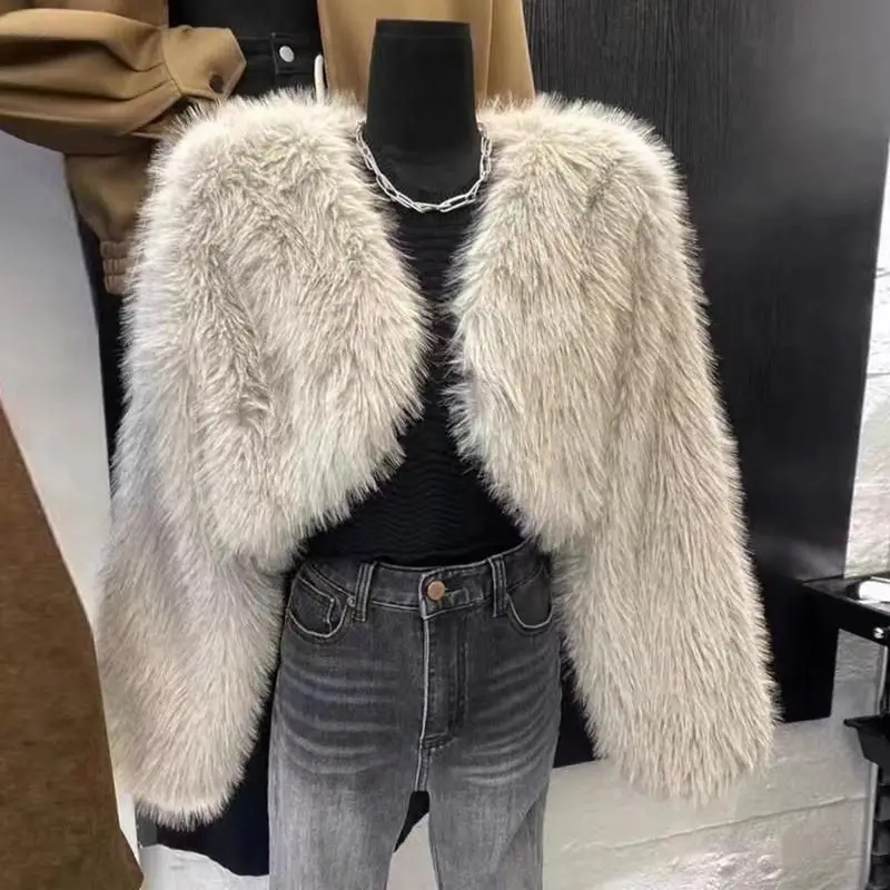 Luxury Faux Fur Crop Jacket for Women American Style Open Front Fluffy Short Coat 2026 Winter Warm Shaggy Furry Outerwear