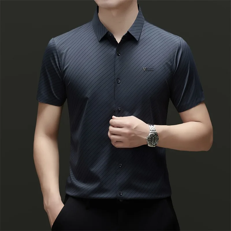 High End Mulberry Silk Shirts for Man Seamless Non-iron Anti-wrinkle Diagonal Stripe Tops Luxurious White Shirt Quality Clothing