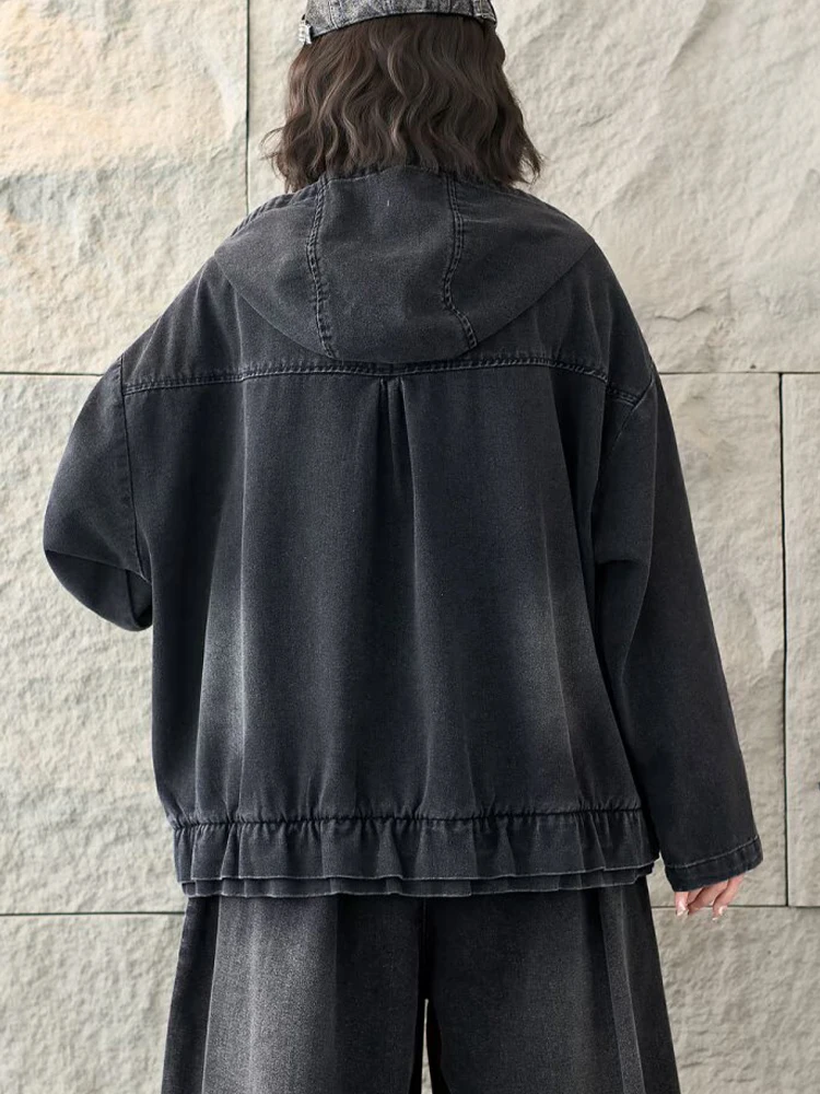 Amax LuluE 日本製ヴィンテージ風ルーズフード付きデニムジャケット レディース 2026 ファッション クラシック 無地コート レディース カジュアル オーバーサイズ アウターウェア