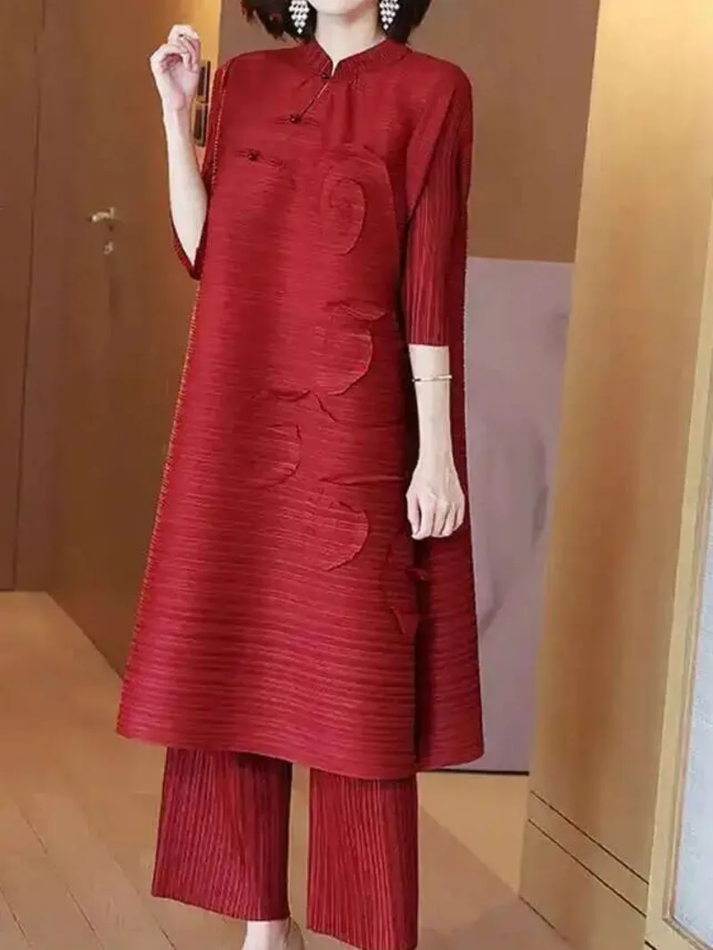 

2 Fashion Pleated Pieces Set Women Stand Long Dresses High Waist Pants Solid Color Sets 2025 Autumn New Clothing 27SON