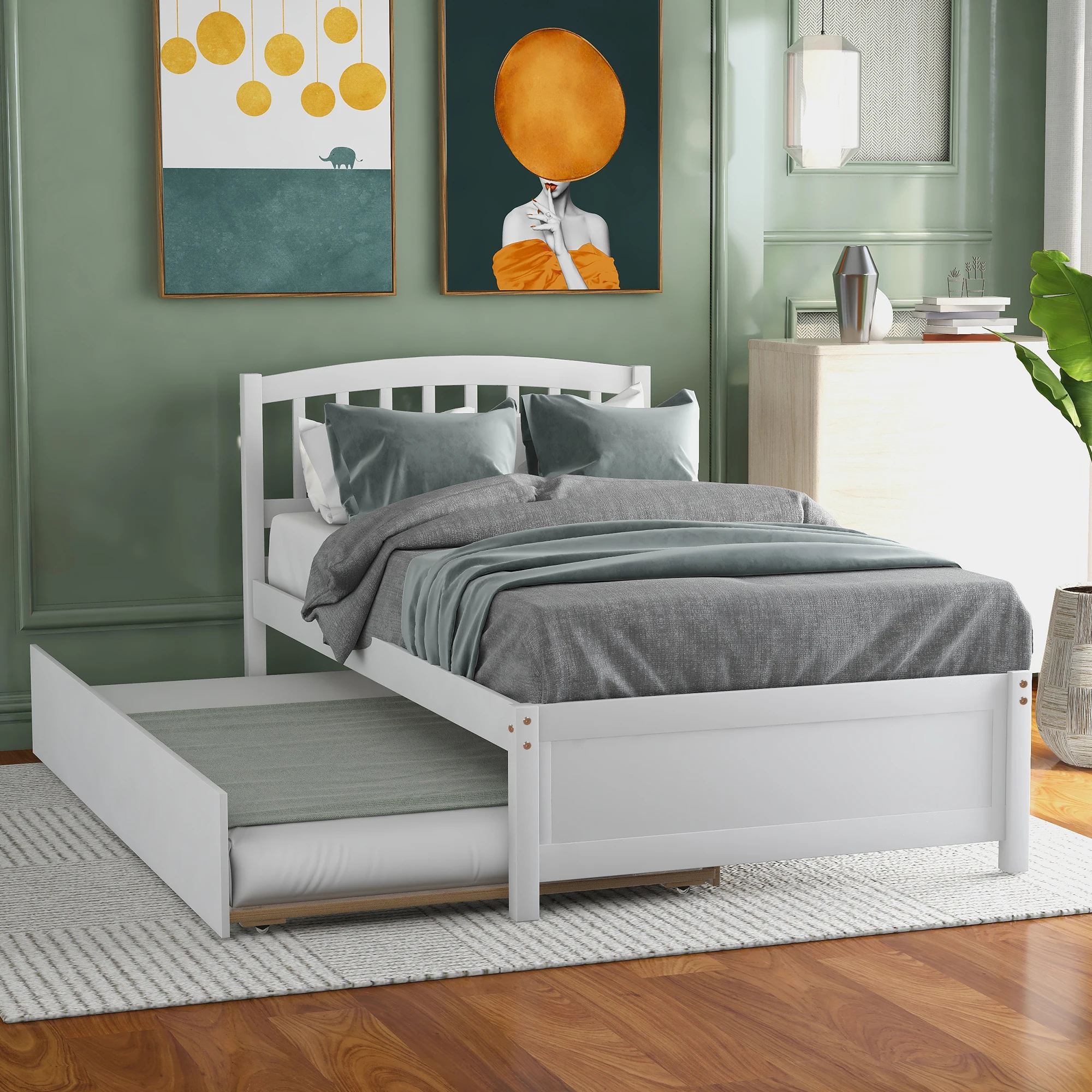 

White Twin Platform Bed with Trundle, Solid Wood Frame 79.50x41.70x37.50 in.