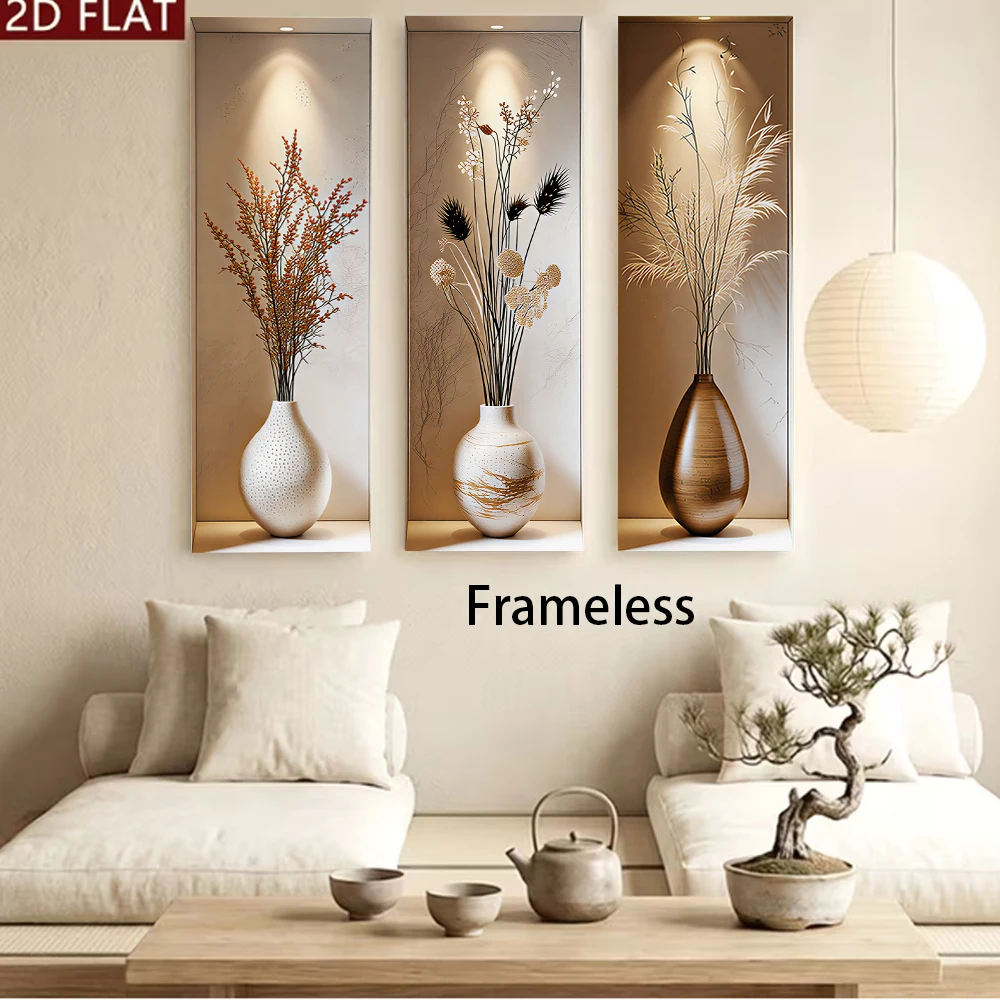 1 set of modern minimalist frameless triptych decorative paintings, entrance wall stickers, dried flower vases, living room corr