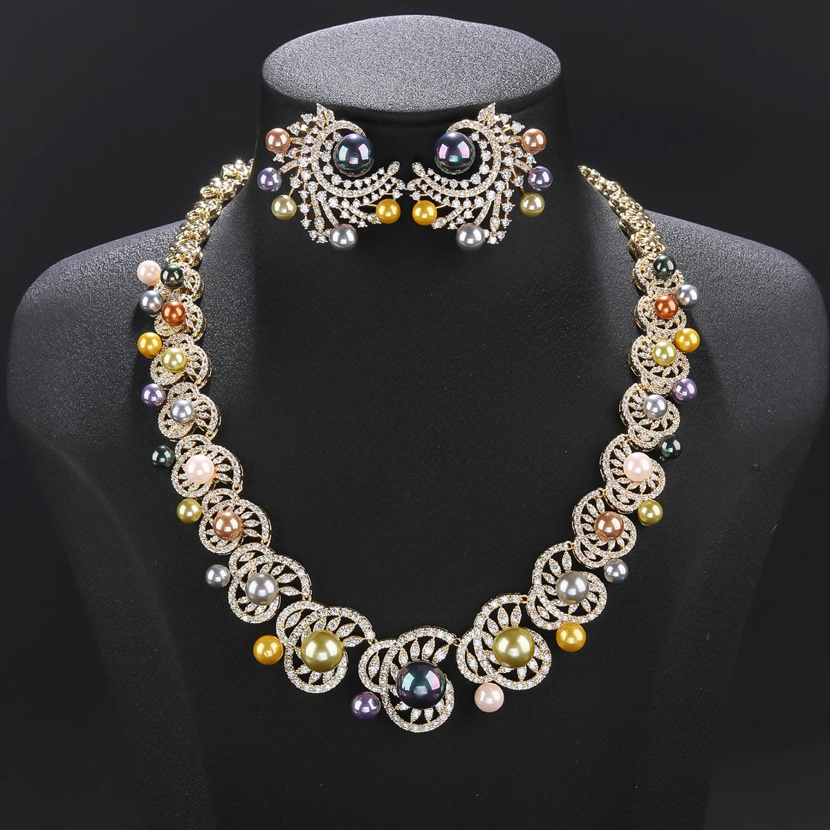 Luxury Choker Heptacolor Big Pearl Necklace Earring Set White Cubic Zirconia Wedding Bridal Party Jewelry Sets For Women CN11297