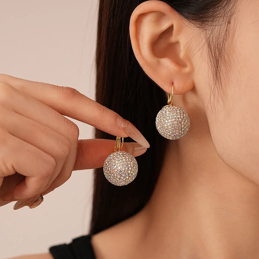 Super flash colorful light luxury geometric ball earrings, fashionable and simple niche temperament high-end earrings women