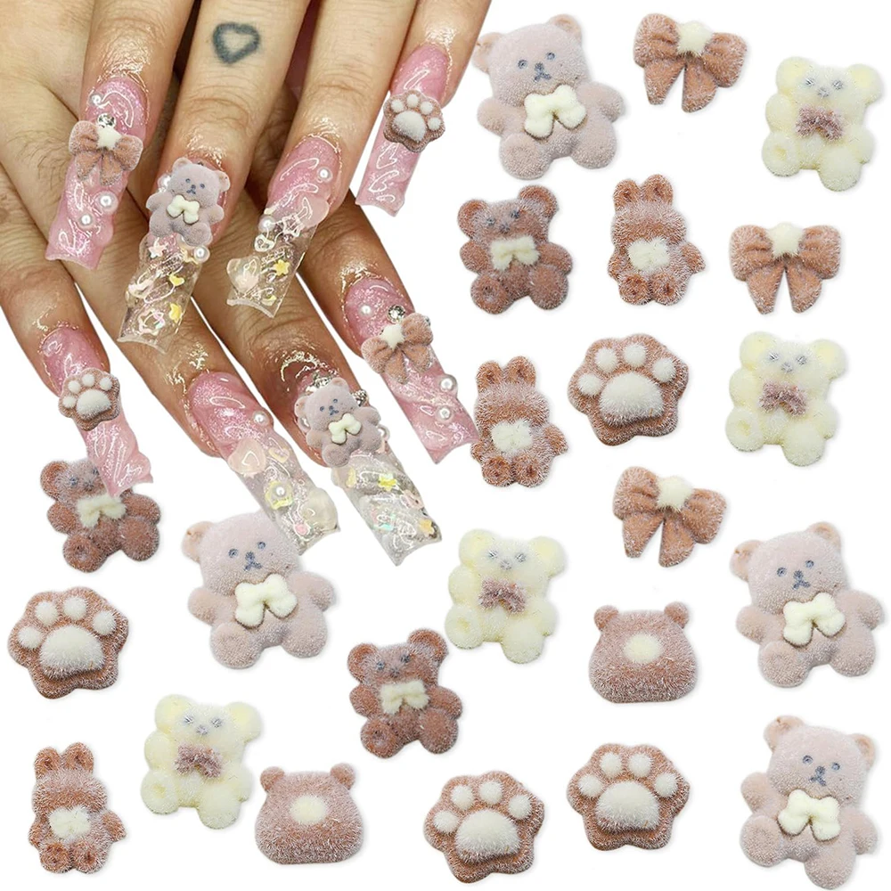 20pcs/Bag Mix Bear Nail Charms Plush 3D Cute Nail Charms Decoration Coffee Color Rhinestone for Manicure Suger Bow Parts