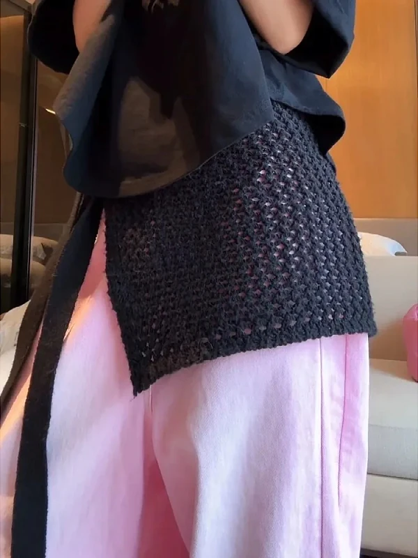 plus Size Hollow out Belted Color Korean Sle High Waist Knitted Skirt Faionable Ele Winter ort A-Line Skirt