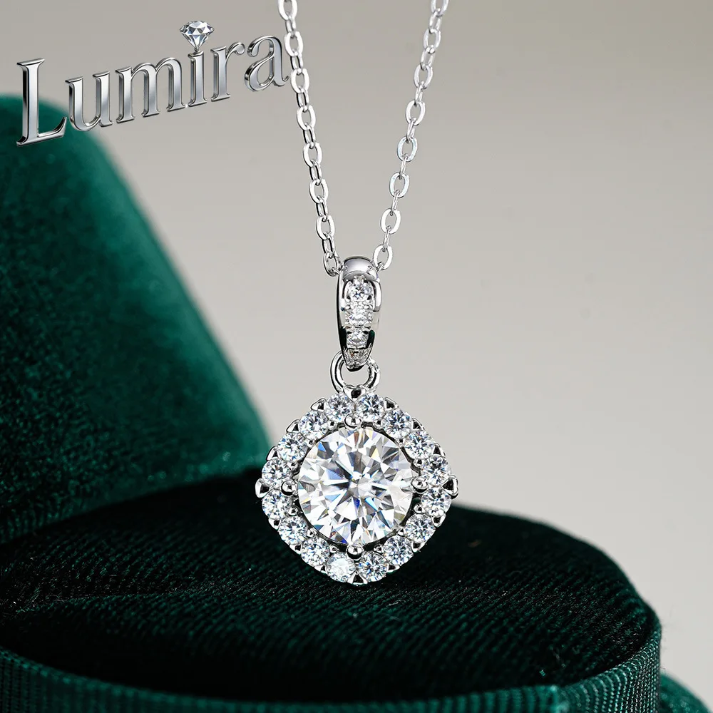 Lumira Platinum PT950 Shimmering 2-Carat Moissanite Necklace for Women, Square Wrapped Diamond-Encrusted Pendant Collar Necklace