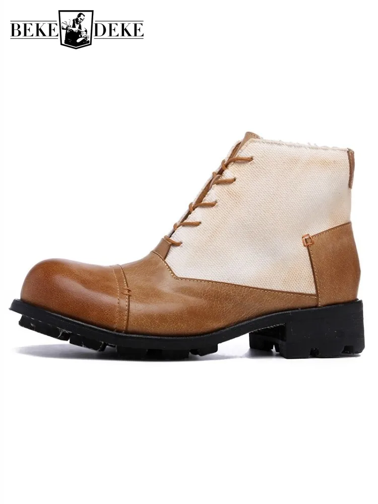 Handmade Mens Cowhide Genuine Leather Spliced Canvas Work Safety Shoes Thick Platform Lace Up High Top Ankle Boots Vintage Shoes