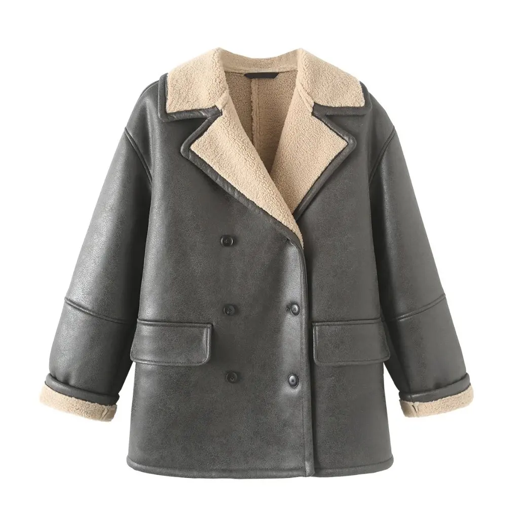 여성용 레트로 긴 소매 재킷 양면 포켓 장식 겨울 캐주얼 아우터웨어 루즈핏 패셔너블