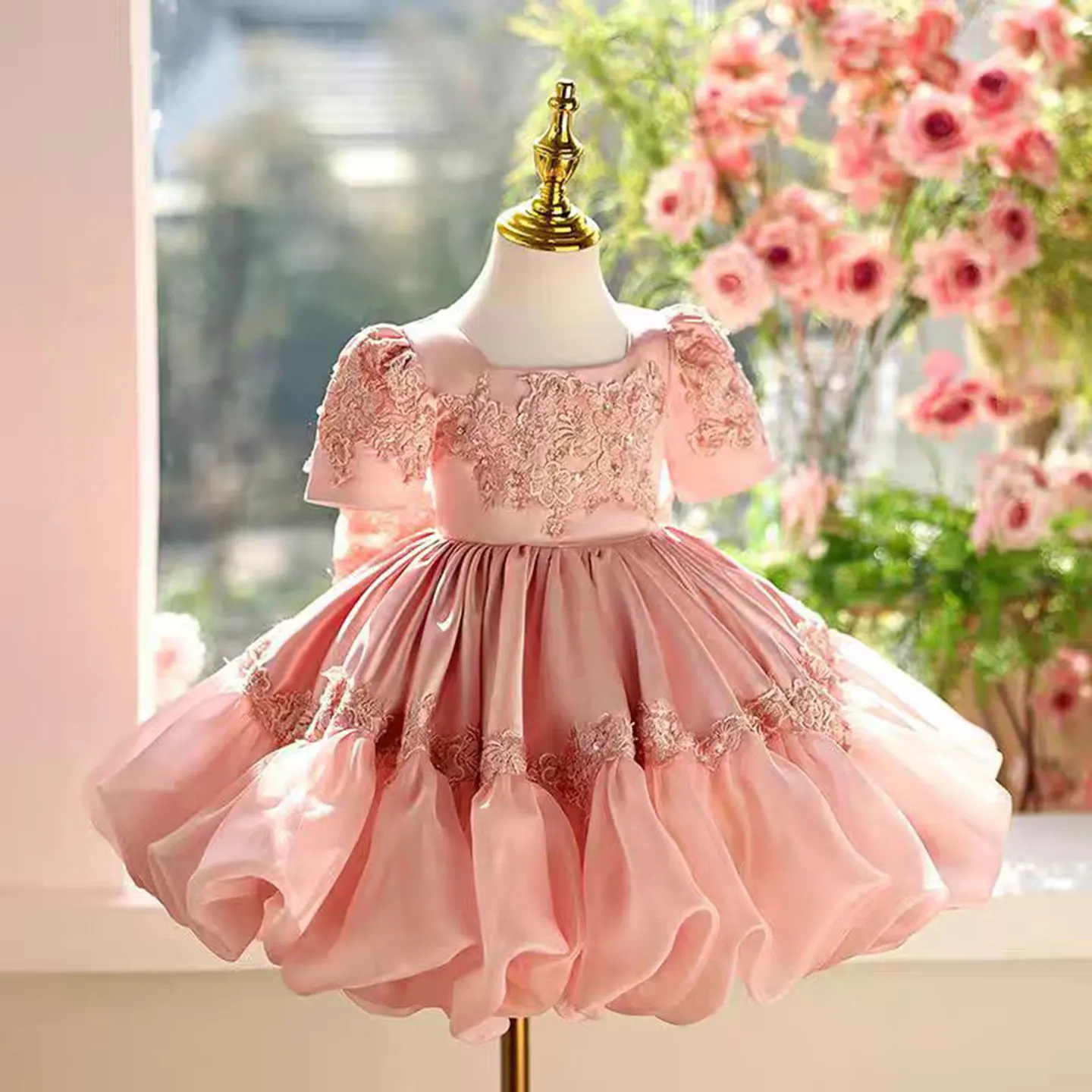 Jill Wish J455 White Children Satin Puffy Flower Girl Dress Knee Length Princess Baby Wedding 1st Birthday Party Holiday Gown